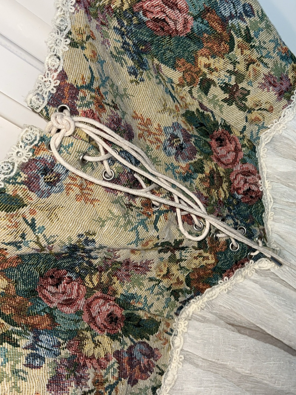 Cider Floral Tapestry Corset Lace Up Babydoll Top / Mini Dress Cottagecore Size - Picture 3 of 5